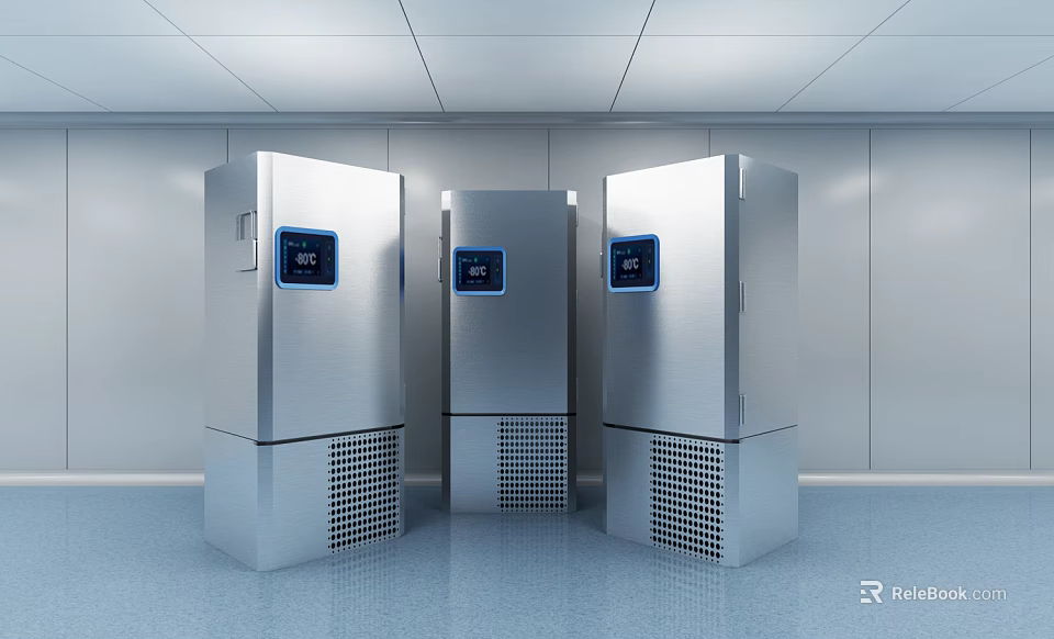 Three Stainless Steel Commercial Freezers With Digital Displays In Lab Environment 3d model 
