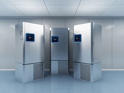 Three Stainless Steel Commercial Freezers With Digital Displays In Lab Environment 3d model