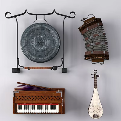 Traditional Musical Instruments And Art Supplies Collection With Gong Pipa Accordion And Paintbrushes 3d model