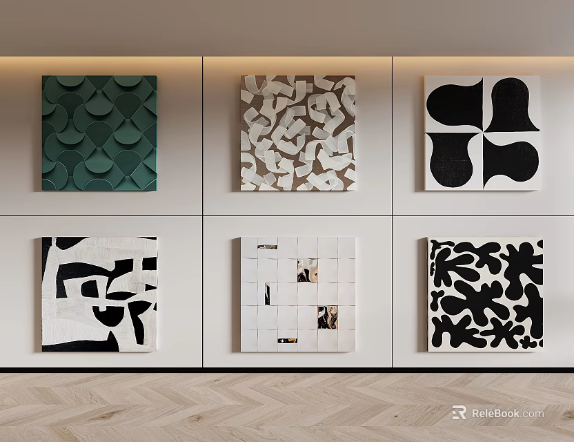 Six Abstract Decorative Wall Artworks With Diverse Patterns On White Wall 3d model