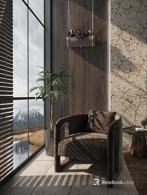 Cozy Single Seater Sofa by Large Window with Mountain Lake View and Potted Plant 3d model 