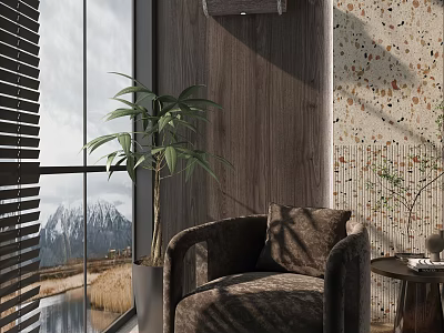 Cozy Single Seater Sofa by Large Window with Mountain Lake View and Potted Plant 3d model