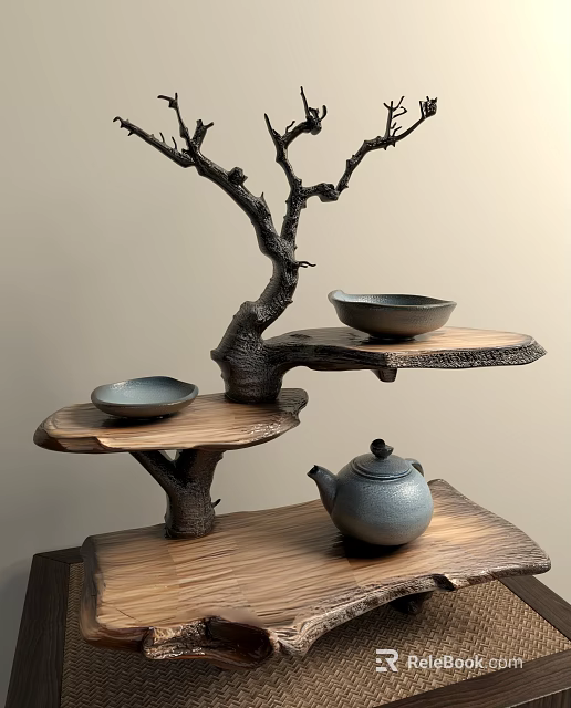 Tree Shaped Wooden Decorative Ornament Set With Layered Platforms Ceramic Bowls And Teapot 3d model 