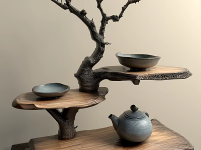 Tree Shaped Wooden Decorative Ornament Set With Layered Platforms Ceramic Bowls And Teapot 3d model