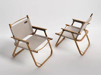 Two Folding Lounge Chairs With Wooden Frame And Light Fabric Seat In Minimalist Design 3d model