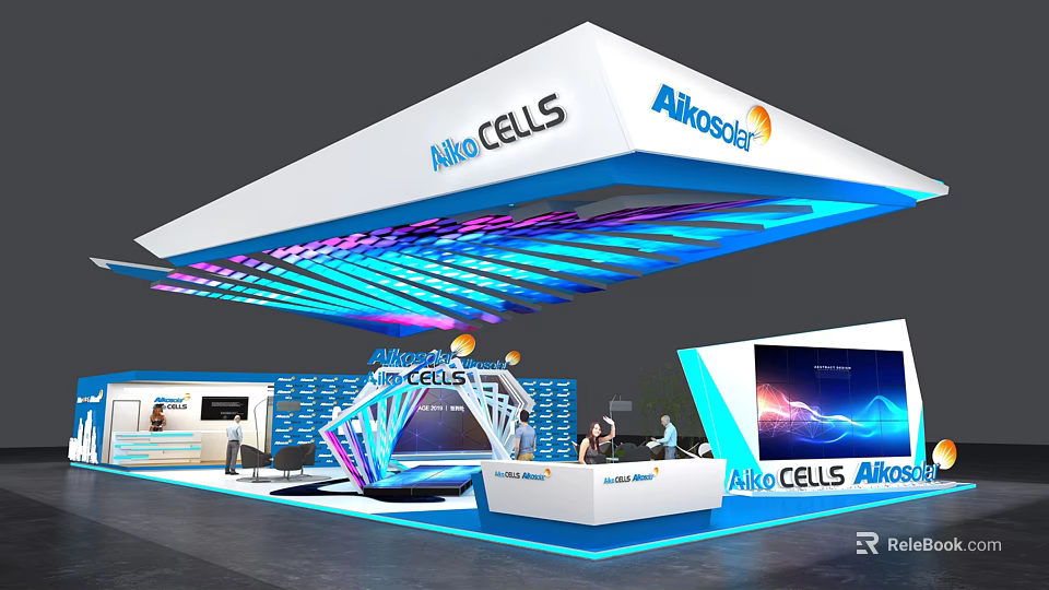 AlkaCells Exhibition Booth With White Ceiling Blue Purple Lighting Display Screen And Reception Desk 3d model 