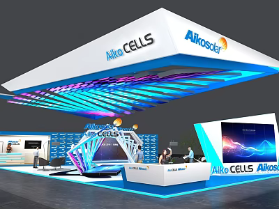 AlkaCells Exhibition Booth With White Ceiling Blue Purple Lighting Display Screen And Reception Desk 3d model