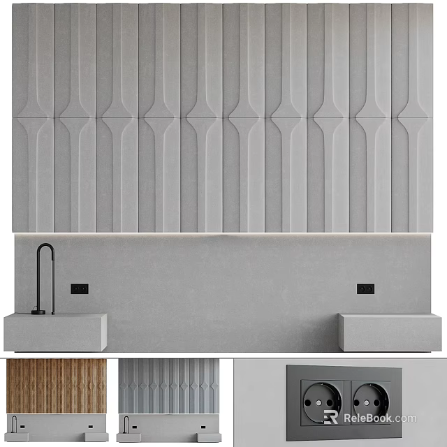 Modern Bed Accent Wall With Geometric Panels Design 3d model