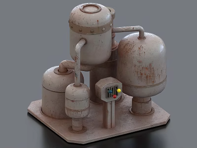 Industrial Equipment With Multiple Cylindrical Tanks Rusted Surface Connected Pipes Control Panel And Base Platform 3d model
