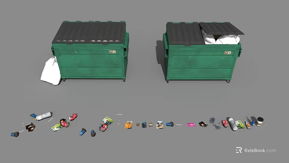 Green Trash Bins With Open And Closed Lids And Scattered Waste Items 3d model 