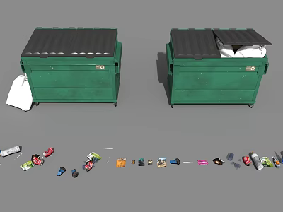 Green Trash Bins With Open And Closed Lids And Scattered Waste Items 3d model