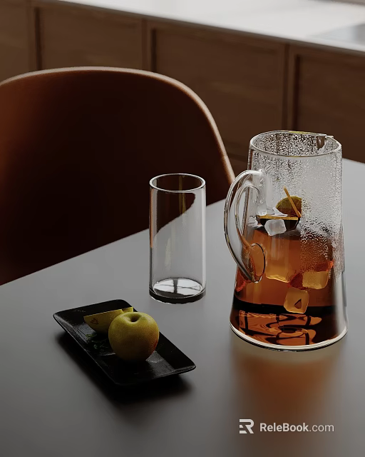 Elegant Decorative Ornament Combination With Glass Pitcher Glass Cup Black Tray Green Apple Lemon Slices 3d model 