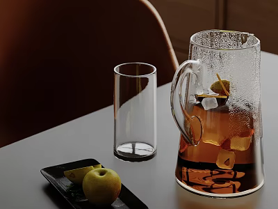 Elegant Decorative Ornament Combination With Glass Pitcher Glass Cup Black Tray Green Apple Lemon Slices 3d model