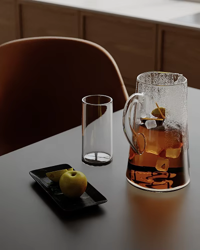 Elegant Decorative Ornament Combination With Glass Pitcher Glass Cup Black Tray Green Apple Lemon Slices 3d model
