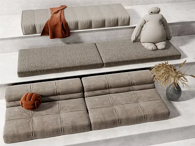 Household Items With Gray Padded Benches Brown Coat White Doll Basketball And Dried Grass Vase 3d model