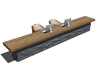 Rustic Reception Desk With Wooden Countertop Stone Base Laptops And Beige Cushions 3d model