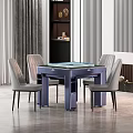 Modern Navy Blue Dining Table With Gray Striped Chairs In Elegant Living Room