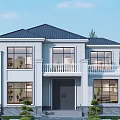 Two Story Detached Villa With White Exterior Dark Roof Large Windows And Balcony