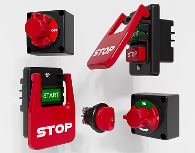 Red And Black Switch Panels With STOP START Labels And Knob Control Switches 3d model