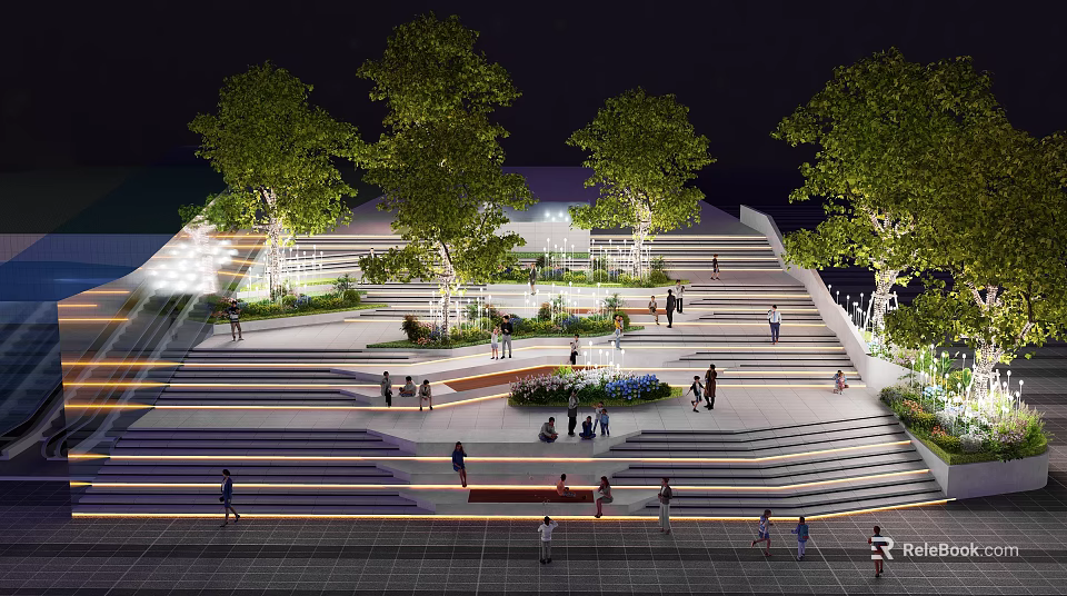 Stone Wood Public Square Design With Trees Steps And Night Lighting 3d model