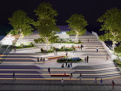 Stone Wood Public Square Design With Trees Steps And Night Lighting 3d model