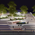 Stone Wood Public Square Design With Trees Steps And Night Lighting 3d model