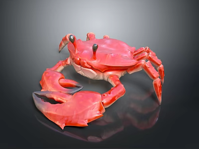 Red Crab With Shiny Shell Large Claws And Black Eyes On Dark Reflective Surface 3d model