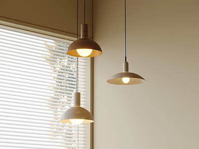 Modern Interior Featuring Three Hanging Pendant Lights Near Window Blinds With Soft Glow 3d model