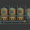 Various Industrial Mechanical Pumps With Pipeline Connections And Different Colors