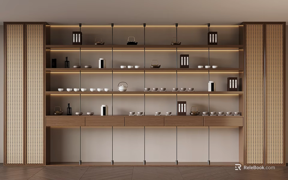 Modern Wooden Display Shelf with Tableware Bowls Cups and Bottles 3d model 