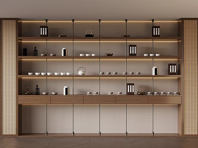 Modern Wooden Display Shelf with Tableware Bowls Cups and Bottles 3d model