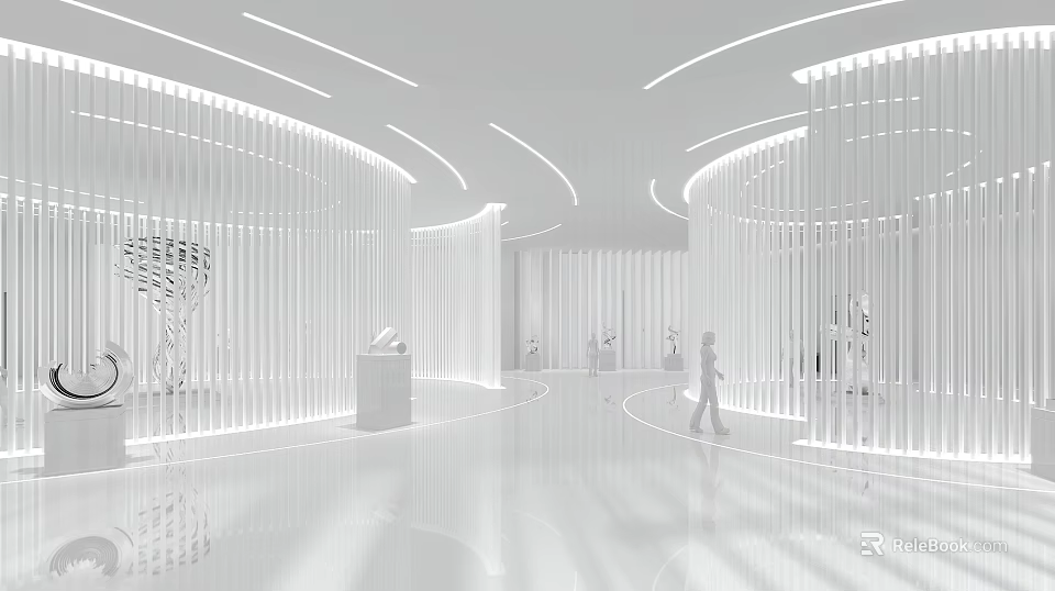 Modern Exhibition Hall Interior Design With Curved Walls Lighting And Display Stands 3d model 