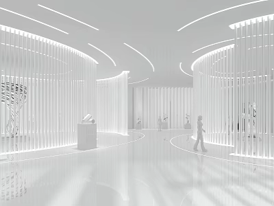 Modern Exhibition Hall Interior Design With Curved Walls Lighting And Display Stands 3d model