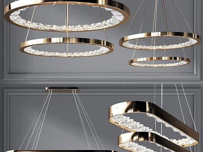 Modern Elegant Chandeliers With Crystal Decor And Circular Metal Frames In Different Sizes 3d model