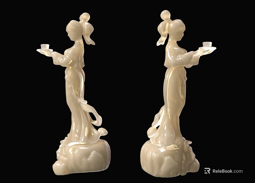 Two White Female Figurine Ornament Set Holding Trays with Lotus Base Decorations 3d model 