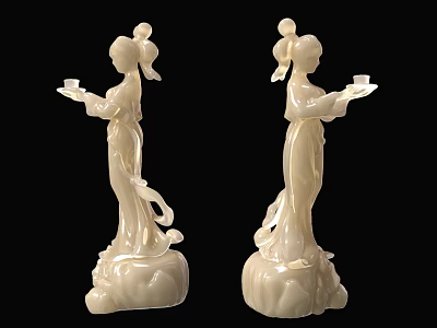 Two White Female Figurine Ornament Set Holding Trays with Lotus Base Decorations 3d model