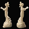 Two White Female Figurine Ornament Set Holding Trays with Lotus Base Decorations