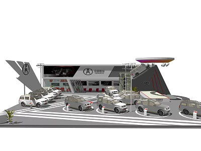 Modern Auto Showroom Displaying Various Types Of Vehicles In Exhibition Area 3d model