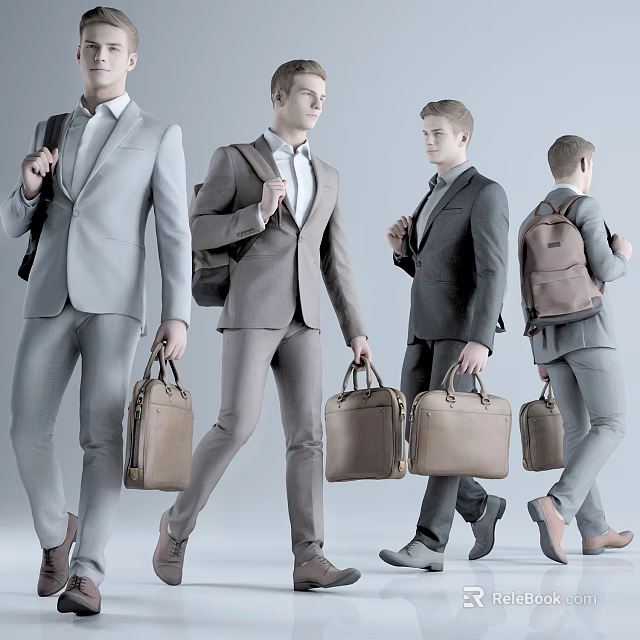 Men In Stylish Suits Carrying Briefcases And Backpacks In Various Poses 3d model 