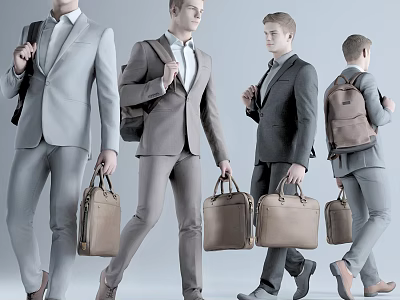 Men In Stylish Suits Carrying Briefcases And Backpacks In Various Poses 3d model
