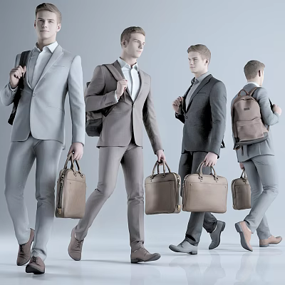 Men In Stylish Suits Carrying Briefcases And Backpacks In Various Poses 3d model