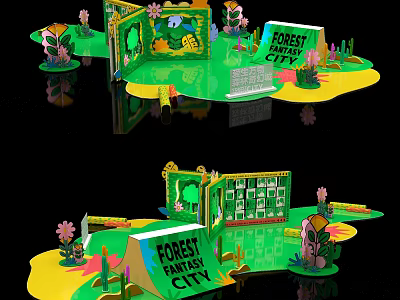 Forest Fantasy City 3D Model Design With Green Background Flowers And Trees 3d model