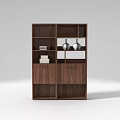 Brown Wooden Shelving Unit With Multiple Shelves Books And Silver Vases