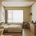Modern Hotel Room Interior With Comfortable Bed Wooden Furniture And Large Window