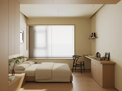 Modern Hotel Room Interior With Comfortable Bed Wooden Furniture And Large Window 3d model