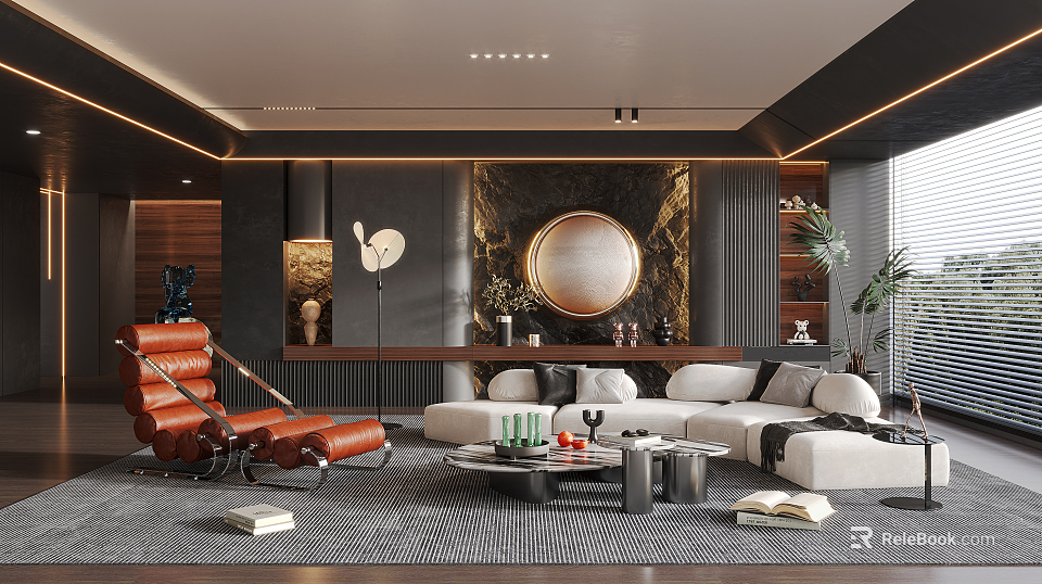 Modern Living Room Interior Design With Sectional Sofa Accent Chair Round Mirror And Coffee Table 3d model 