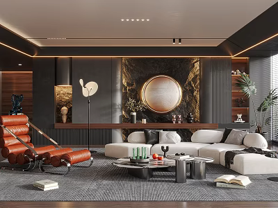 Modern Living Room Interior Design With Sectional Sofa Accent Chair Round Mirror And Coffee Table 3d model
