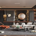 Modern Living Room Interior Design With Sectional Sofa Accent Chair Round Mirror And Coffee Table
