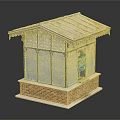 Miniature Model Kiosk With Metal Roof White Walls Red Brick Base And Blue Sign
