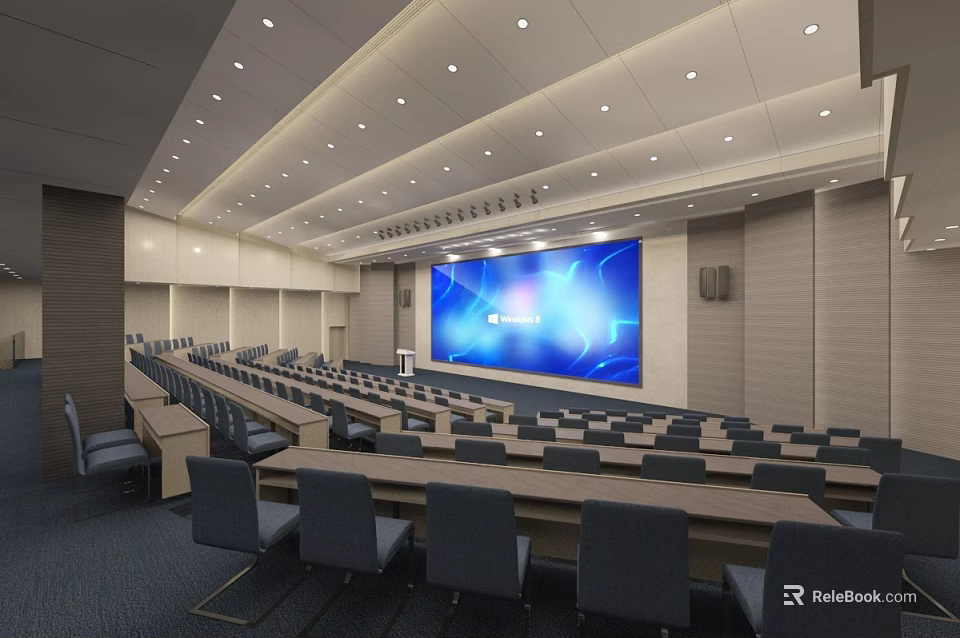 Large Modern Conference Room With Big Screen Row Seating And Ceiling Lights 3d model
